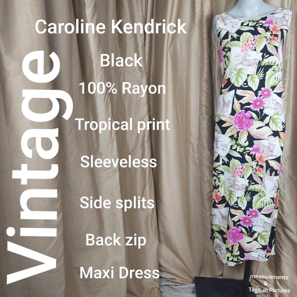 Vintage Caroline Kendrick black jungle print maxi dress size 10 - Picture 1 of 11